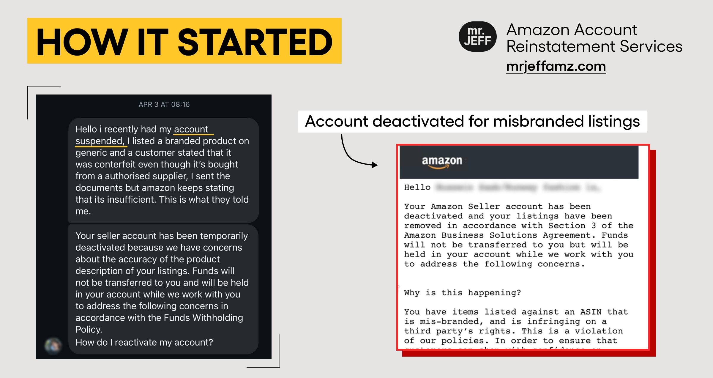 Amazon deactivation notice for misbranded listings
